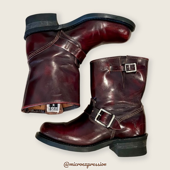 Frye Shoes - $389 Veronica Short Engineer Lug Sole Belted Red Oxblood Leather Moto Ankle Boot
